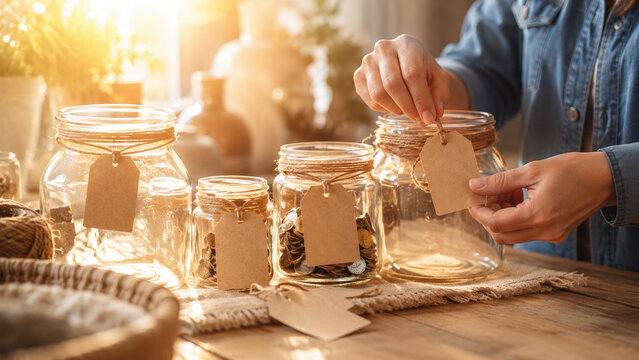 Hands labeling glass jars with coins