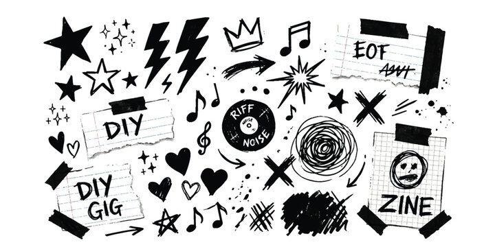 Set of hand drawn punk rock doodle elements music notes stars hearts and zine tape stickers