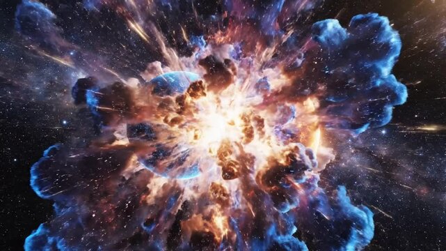 A massive explosion of colorful gas and dust occurs in a distant galaxy.