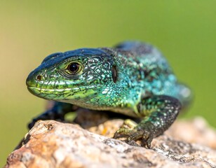 Fototapeta premium Colorful Green Lizard Resting on Sunlit Rock in Natural Outdoor Habitat
