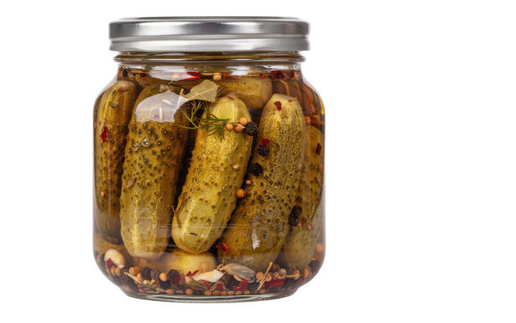 Dill pickles in brine with spices in glass jar during preparation isolated on transparent background