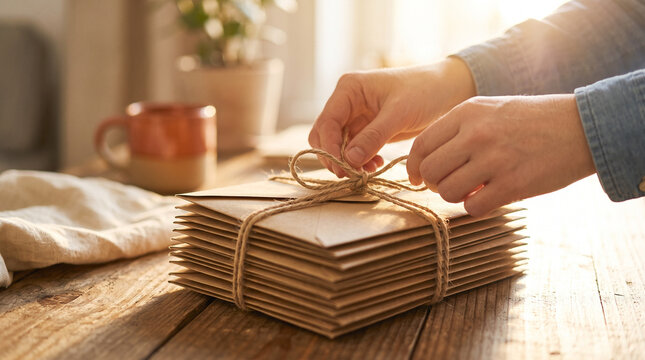 Hands tying twine around stack of envelopes