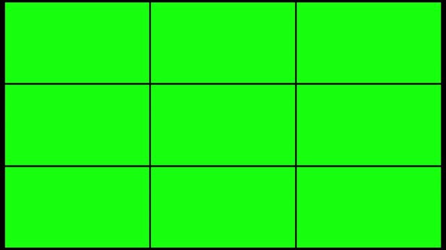 multi screen display with chroma key green screen, on black background