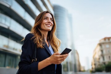 Fototapeta premium Young Smiling Business Woman Wearing Suit Holding Mobile Phone Street