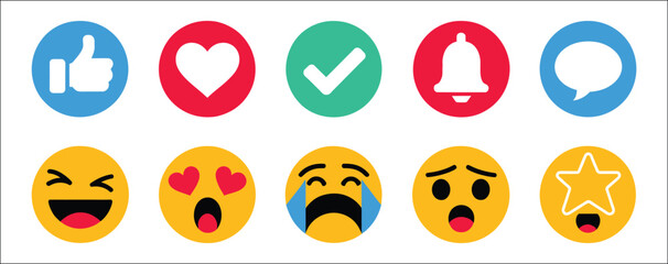 Fototapeta premium Emoji reaction icons with like, dislike, heart, comment, share, and social interaction symbols in modern flat style, vector, designs