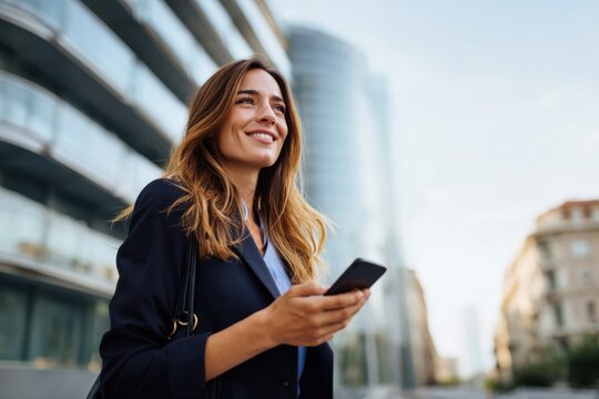 Young Smiling Business Woman Wearing Suit Holding Mobile Phone Street