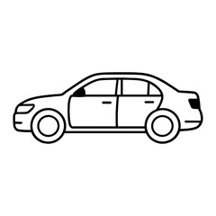 Fototapeta premium Black and white line art illustration of a four-door sedan car side profile, minimal outline vector icon showing wheels, doors, windows, and roof in simple monochrome design