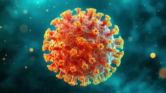 Rotating orange-red virus cell microscopic, dangerous pathogen and disease immunology medical concept 3D animation