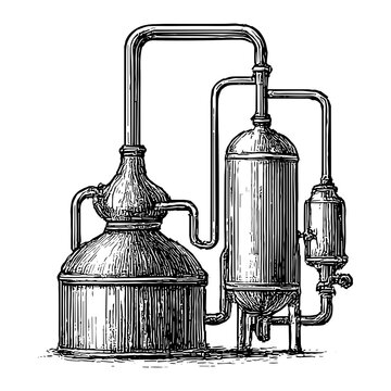 Vintage copper distillation apparatus featuring interconnected alembic stills, column condenser and piping in detailed engraving for spirits and essential oil production