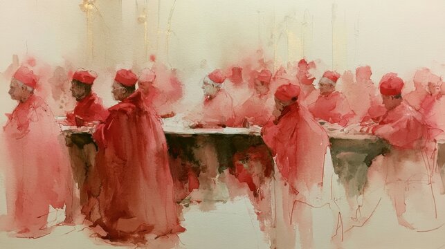soft abstract watercolor painting of a papal conclave with many cardinals in red robes
