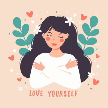 Young woman hugging herself surrounded by many red hearts symbolizing self-love with the text love yourself Vector illustrations