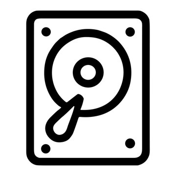 Monochrome line-art icon of an internal hard disk drive showing circular platter, spindle and actuator arm within a drive casing, symbolizing data storage and backup hardware