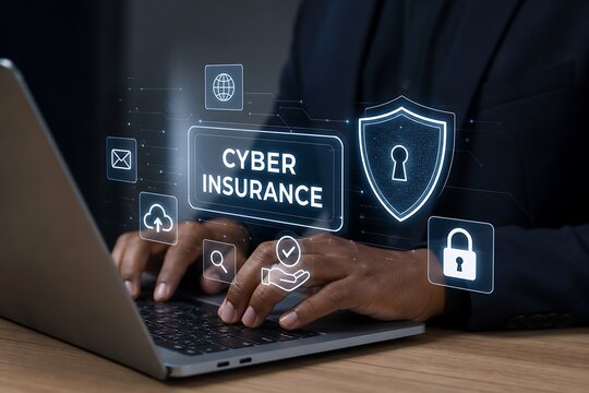 Hands typing on laptop with cyber insurance holographic interface and security icons