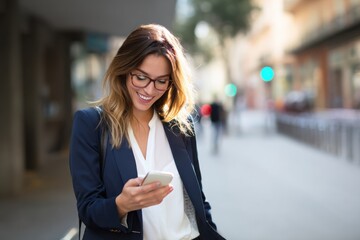 Fototapeta premium Cheerful Businesswoman Reading Positive Text Message Smartphone Street