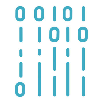 Abstract turquoise binary code pattern composed of stylized zeros and ones arranged in vertical columns and staggered rows on a white background, evoking digital technology.