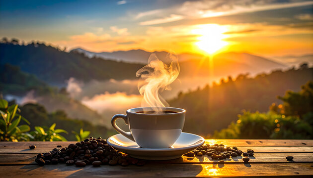 Hot coffee with rising steam close up creating cozy morning atmosphere and rich aroma experience