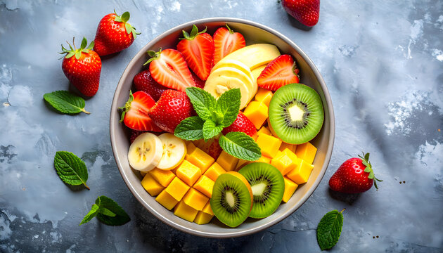 Colorful fruit bowl with strawberries banana kiwi and mango in bright natural light healthy lifestyle