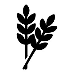 Fototapeta premium Black silhouette of two crossed botanical sprigs with rounded leaves resembling wheat or laurel branches, minimalist plant emblem on a white background, bold iconographic motif