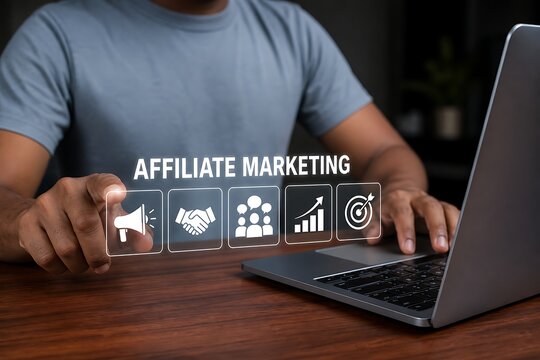 Business professional working on affiliate marketing strategy with digital icons and laptop