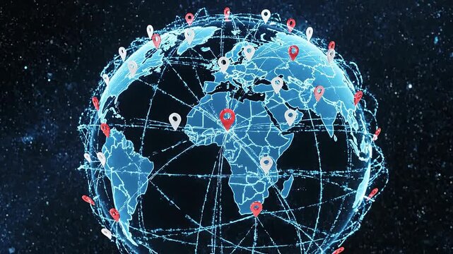 Global digital map with glowing location pins and network connections for technology and communication