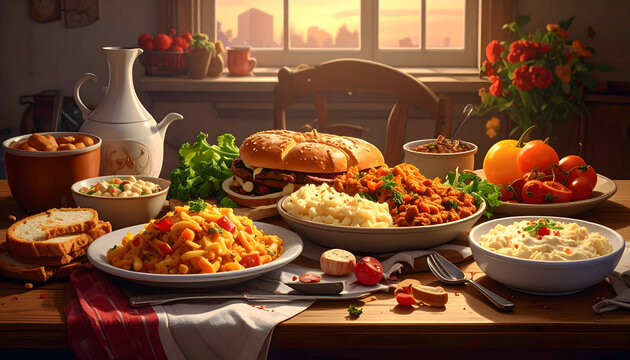 Comfort food table scene with hearty homemade dishes creating a warm cozy dining atmosphere and flavor