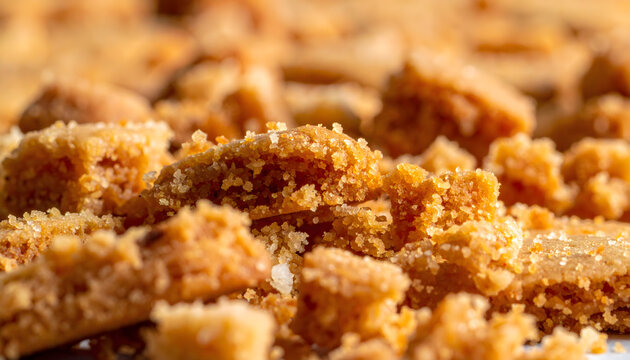 Macro view of cookie crumbs with crisp texture delicious baking concept and sweet food background