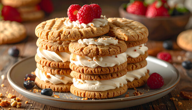 Stack of homemade cookies with crisp texture delicious sweet dessert perfect for snack and bakery menus