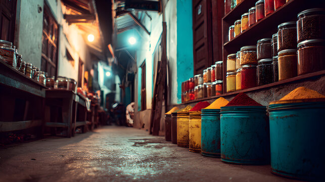 Vibrant spice market alleyway display with colorful piles of ground ingredients and glass jars lining the narrow stone path in a traditional setting