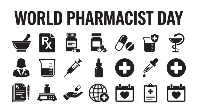 World Pharmacist Day, pharmacy icons, medical symbols, healthcare signs, black vector graphics