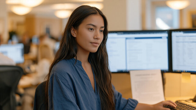 Pacific Islander trademark enforcement paralegal at a standing workstation cross-references brand registration databases on twin monitors, printed cease-and-desist draft beside