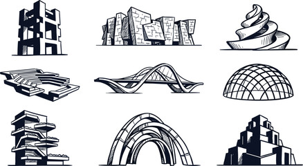 Abstract Architectural Structure Sketch Collection with Futuristic Buildings, Curved Bridges, Dome Designs, and Modern Urban Construction Vector Set © Danial