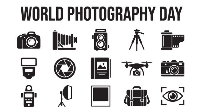 World Photography Day icon set, 15 black camera equipment symbols, professional photography gear icons for digital and vintage film media