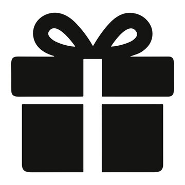 Black gift box silhouette with a bold ribbon and bow, minimalist flat icon of a wrapped present representing celebration, surprise and gift-giving for holidays and birthdays