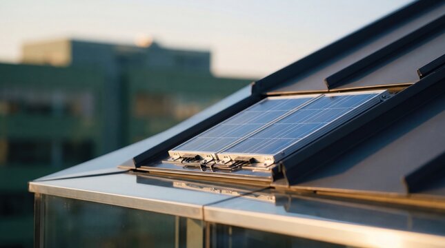 Close up detail of solar photovoltaic panels installed on modern building roof, sustainable architecture and renewable energy solution for residential or commercial property