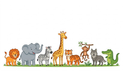 Fototapeta premium Safari Zoo Animals Horizontal Banner Vector - Large Wildlife Group with White Text Space.