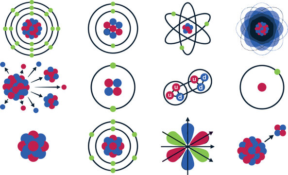 Atomic Structure and Molecule Diagram Collection with Electron Orbit Models, Nucleus Illustrations, Physics Science Education Vector Set