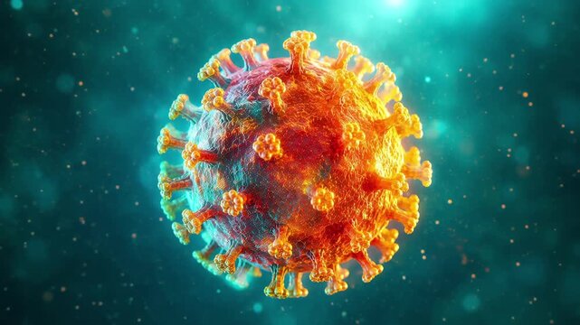 Rotating orange-red virus cell microscopic, dangerous pathogen and disease immunology medical concept 3D animation