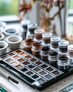 Close-up of permanent makeup pigment palette with brown and black shades, cosmetic product photography