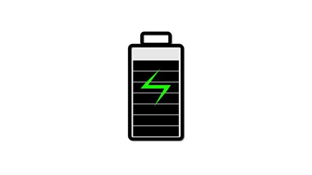 Battery charging animation featuring a simple icon with a filling effect. Low battery icon charging against a white background in 4K.