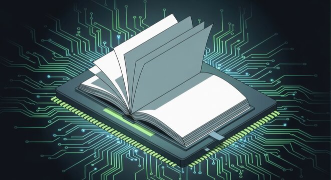 open book on circuit board, education and technology