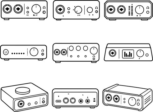 Line art set of audio amplifier and stereo receiver front panels