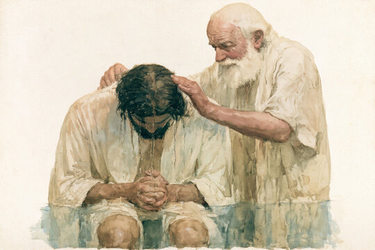 John the Baptist baptizes Jesus in water. Jesus kneels with folded hands while John places a hand on his head. The setting is simple and light
