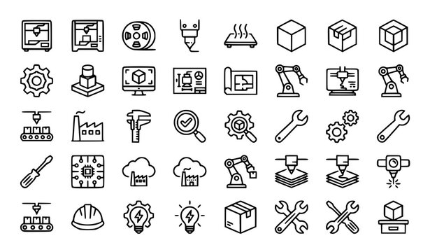Manufacturing Outline Icons Featuring 3D Printer Filament Prototype Engineering Automation and Industrial Technology Collection