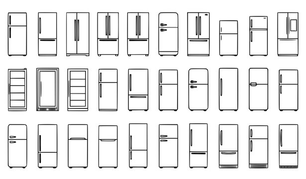 Refrigerator Outline Icon Set with Double Door Kitchen Appliance Home Cooling Storage Vector Collection Design
