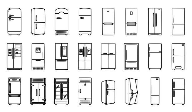Modern Refrigerator Outline Collection with Double Door Kitchen Appliance Freezer Home Storage Vector Illustration Set