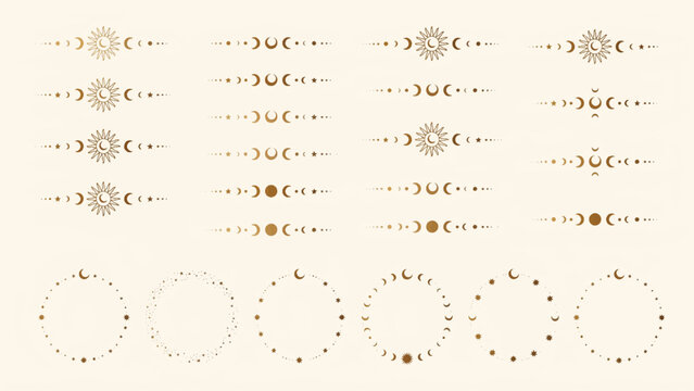 A collection of various moon phases and celestial illustrations are depicted in a graphic design.
