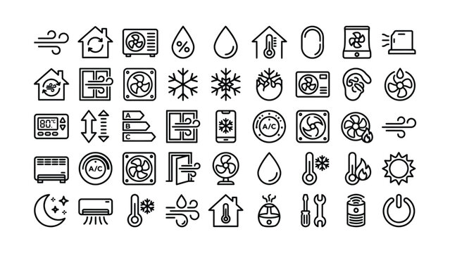 Set of black line icons for air conditioning heating ventilation and temperature control on transparent background
