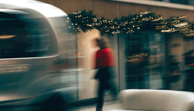 Blurred motion of person walking past glowing shop window