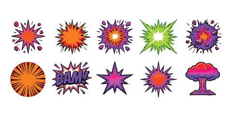 Set of colorful comic book explosion bubbles and crash sound effect elements in pop art style ©  Designer
