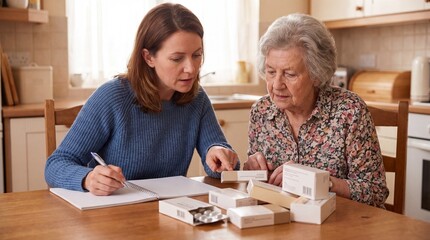 Fototapeta premium Adult daughter helping senior mother check medicine boxes at home